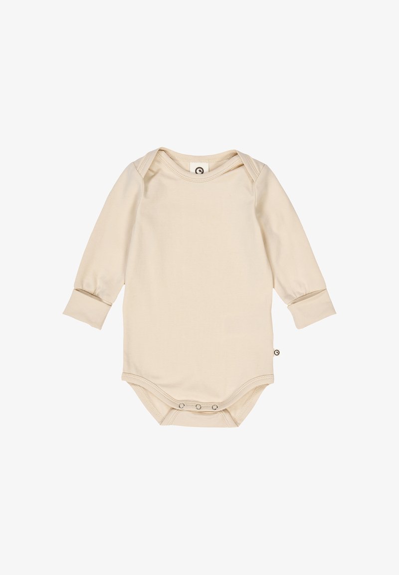 Langarmige body van zacht beige stof, met een ronde halslijn, manchetachtige mouwen en drukknoopsluitingen aan de onderkant.