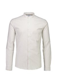Camicia a maniche lunghe con colletto alla coreana, caratterizzata da strisce verticali beige e bianche, realizzata in un tessuto morbido con chiusure a bottoni e dettagli ai polsini.