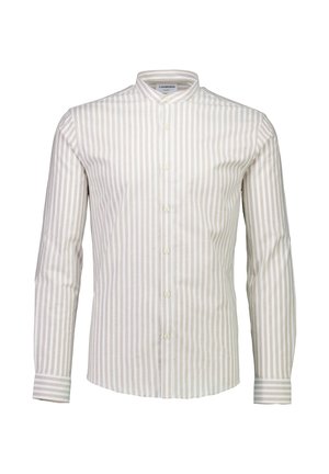 Langärmliges Hemd mit Stehkragen, ausgestattet mit vertikalen beige-weißen Streifen, aus einem glatten Stoff mit Knopfverschluss und Manschettendetails.