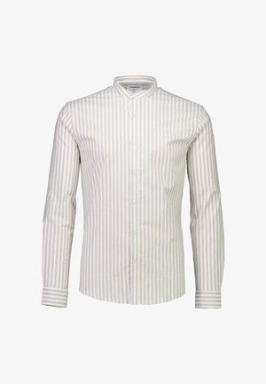 Langärmliges Hemd mit Stehkragen, ausgestattet mit vertikalen beige-weißen Streifen, aus einem glatten Stoff mit Knopfverschluss und Manschettendetails.