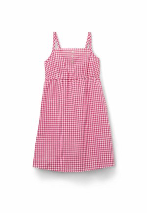 Vestito smanicato a quadretti rosa e bianco con bottoni sul petto e vita elasticizzata, disteso su sfondo bianco.