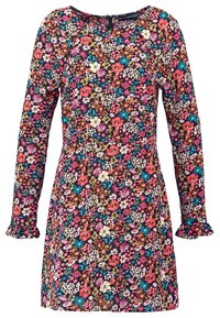 Long-sleeve dress with a floral pattern, featuring pink, red, and blue flowers on a dark background. Ruffled cuffs and a round neckline.