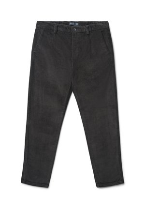 Pantalon en velours côtelé gris foncé, avec poches avant, fermeture à bouton et finition lisse et texturée. Finition aux chevilles.