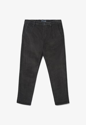 Dunkelgraue Cordhose mit Fronttaschen, Knopfverschluss und glatter, strukturierter Oberfläche. An den Knöcheln geschnitten.