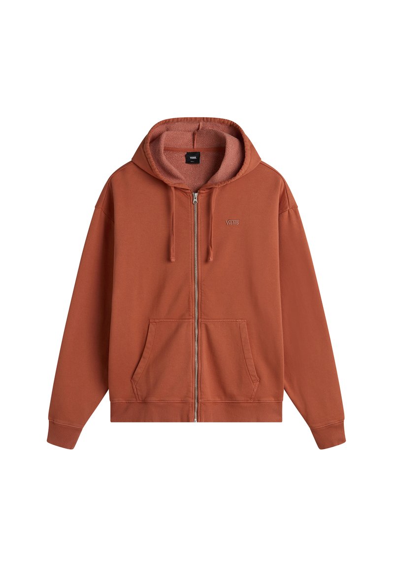 Haut de hoodie zippé couleur rouille avec cordons, doublure en polaire, poches avant et petit logo Vans sur la poitrine.