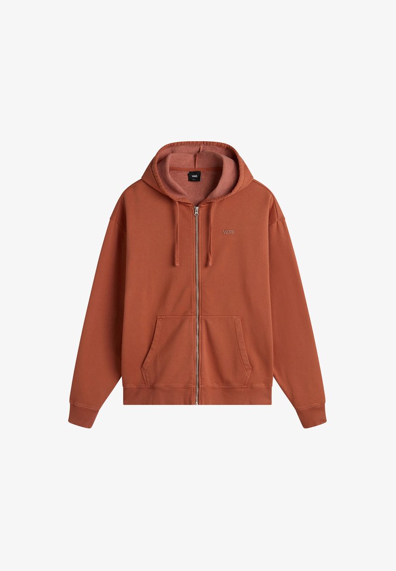 rostfarbener Kapuzenpullover mit Reißverschluss und Kordelzug, Fleece-Futter, Fronttaschen und kleinem Vans-Logo auf der Brust.