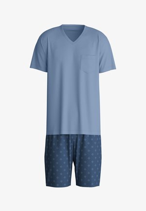 Lichtblauw T-shirt met V-hals en korte mouwen, gecombineerd met marineblauwe short met een patroon van ruiten. Zachte, ademende stof.