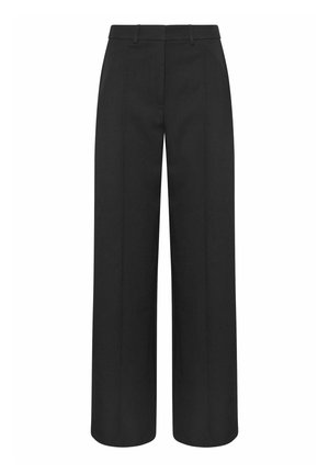 Schwarze, hoch taillierte Hosen mit weitem Bein, Gürtelschlaufen und vorderen Bügelfalten, zugeschnitten für einen formellen oder professionellen Look.