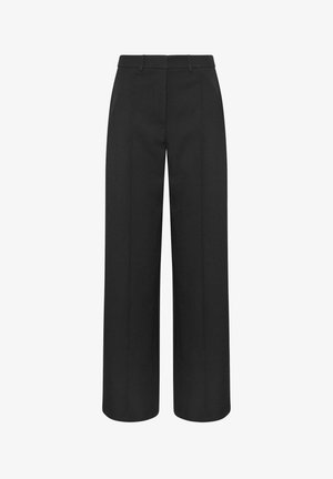 Pantalon noir à taille haute et jambes larges, avec passants pour ceinture et plis marqués à l'avant, conçu pour un look formel ou professionnel.