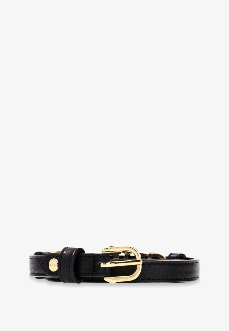 Ceinture en cuir noir avec boucle dorée et petit détail bouton doré, étalée à plat sur un fond blanc.