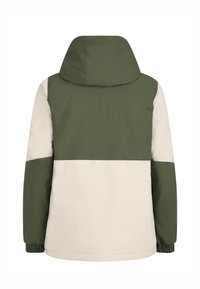 Heren hoodie in groen en crème. Heeft een bicolor ontwerp, elastische manchetten en een gladde, matte textuur.