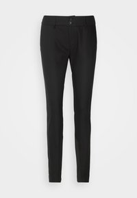 Černé kalhoty slim fit, vyrobené z hladkého materiálu. Obsahují dva knoflíky, boční kapsy a pas pro upravený vzhled.