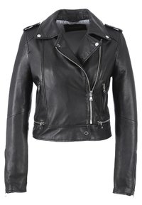 Black leather biker jacket with a cropped design, silver zippers, side pockets, and epaulets on the shoulders. Smooth texture and fitted shape.