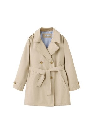 Beige double-breasted trench coat with belt, wide collar, buttoned cuffs, and side pockets, lined with blue and white stripes.