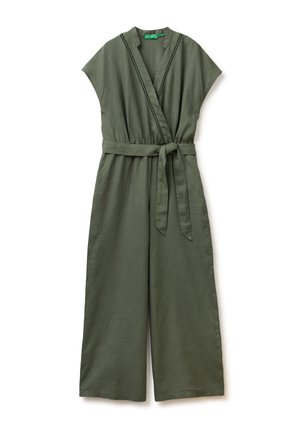 Mouwloze jumpsuit in olijfgroen met V-hals, wijde pijpen, decoratieve bies aan de voorkant en een bijpassende stoffen riem die in de taille is gestrikt.