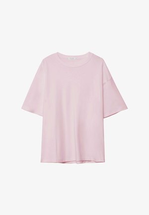 Lyserød kortærmet t-shirt lavet af blødt bomuld, med rund hals, afslappet pasform og glat tekstur uden synlige mønstre eller detaljer.