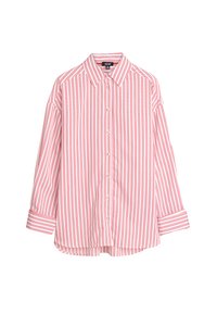 Rood-wit verticaal gestreepte langemouwenhemd met een knoopsluiting aan de voorkant en een klassieke kraag. Voorzien van opgerolde mouwen en een gebogen zoom.