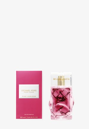 Bottiglia di profumo Michael Kors Pink Horizon con tappo trasparente accanto a una scatola di imballaggio rosa e bianca che mostra il nome del prodotto e la dimensione.