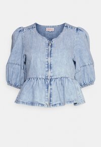 Ljusblå denim peplumjacka med puffärmar och dragkedja fram, med insamlad midjedetalj.