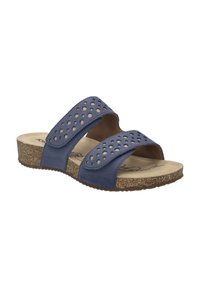 Donkerblauwe slippers met twee geperforeerde banden, kurken zool en een gevoerde binnenzool met een beige interieur.