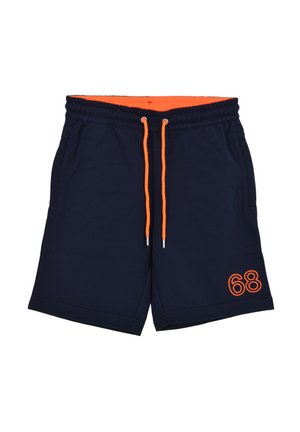 Pantaloni da bagno blu navy in cotone, con vita elastica e la possibilità di regolazione con coulisse arancioni, e un ricamo "68" di colore arancione brillante.