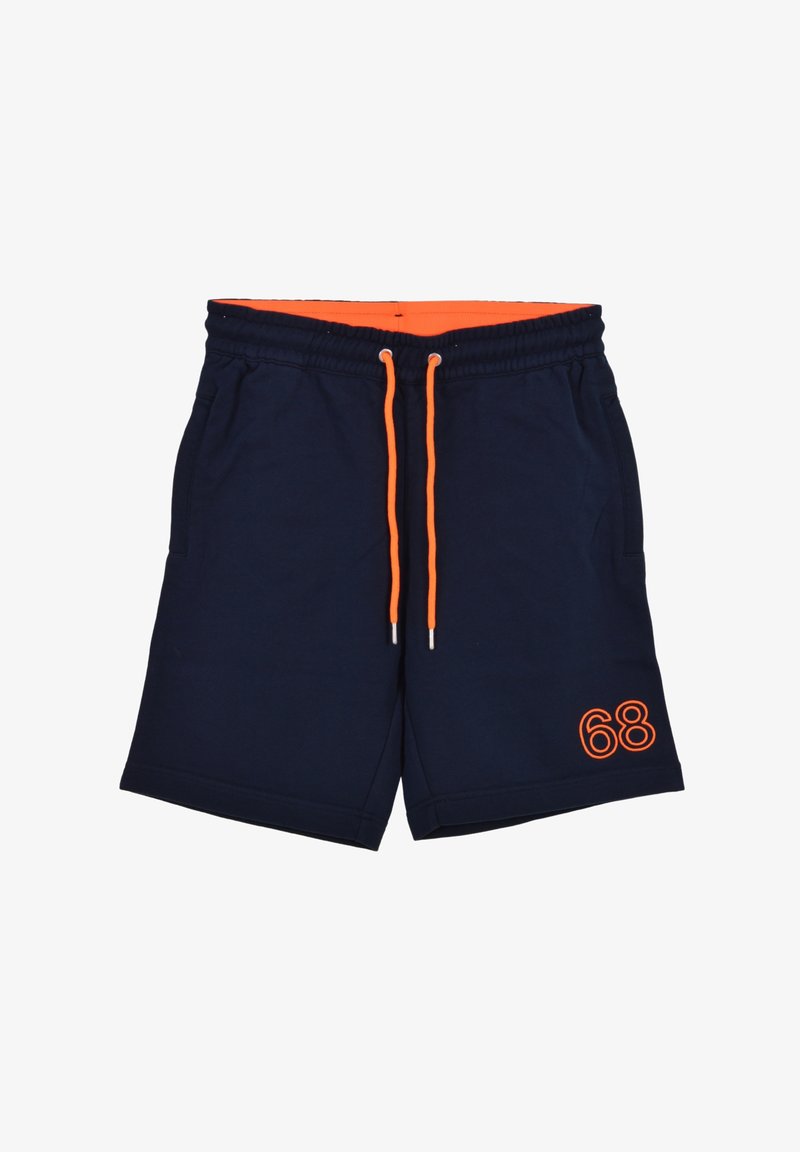 Pantaloni da bagno blu navy in cotone, con vita elastica e la possibilità di regolazione con coulisse arancioni, e un ricamo "68" di colore arancione brillante.