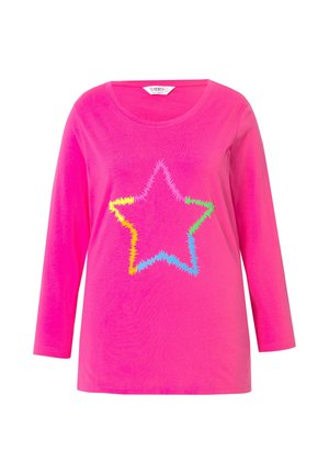 Roze lange mouwen shirt met een kleurrijk zigzagster ontwerp in geel, groen en blauw aan de voorkant. Gemaakt van zacht katoen.