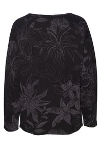 Haut à manches longues noir avec un motif floral sombre, coupe décontractée et encolure ronde. Le tissu a une texture douce.