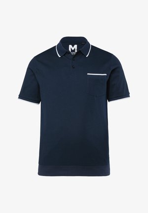 Marineblaue Polohemd mit kurzen Ärmeln, weißer Einfassung am Kragen, am Rand der Tasche und an den Ärmelbündchen, mit einer dreiknöpfigen Knopfleiste.