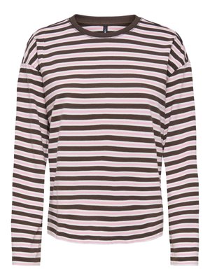 Langermet skjorte med horisontale striper i brunt, hvitt og lyserosa, med rund hals og en avslappet passform.