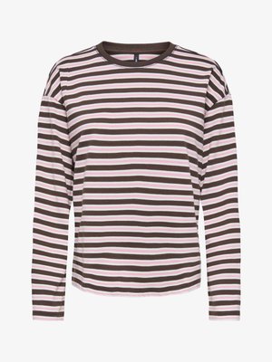 Lang shirt met horizontale strepen in bruin, wit en lichtroze, met een ronde halslijn en een comfortabele pasvorm.