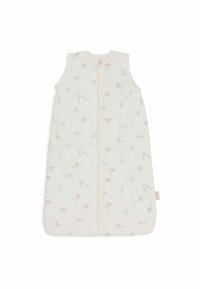 Sac de couchage en coton crème avec des motifs floraux doux dans des couleurs pastel. Dispose d'un design sans manches et d'une fermeture éclair centrale.