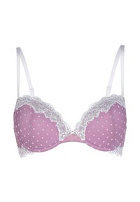 Bra viola con pois bianchi e bordo in pizzo bianco lungo il margine superiore e al centro, dotato di spalline regolabili e una texture liscia.