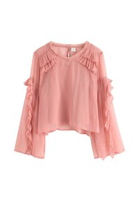 Rosa transparente Bluse mit Rüschendetails entlang des Ausschnitts und der Ärmel. Lange Ärmel mit Rüschen, runder Ausschnitt und eine Öffnung im Rücken mit Knopfverschluss.