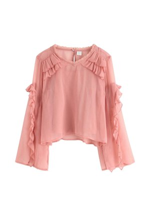 Roze doorschijnende blouse met gerimpelde details langs de halslijn en mouwen. Lange mouwen met ruffles, ronde halslijn en een sleutelgatsluiting aan de achterkant.