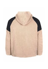 Beige Fleece-Jacke mit strukturierter Oberfläche. Mit schwarzen Einsätzen auf den Schultern und einer Kapuze. Lockerer Schnitt, weiches Material.