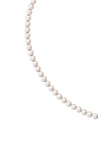 Pearl necklace featuring uniformly sized white pearls with a smooth, glossy surface, strung in a curved line against a white background.