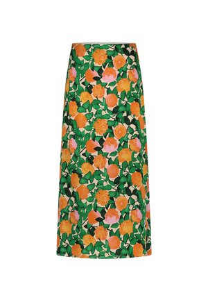 Bloemen-midirok met een levendige groene achtergrond en een herhalend patroon van oranje en roze rozen, sinaasappels en bladeren.