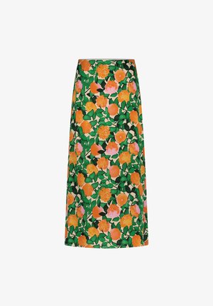 Bloemen-midirok met een levendige groene achtergrond en een herhalend patroon van oranje en roze rozen, sinaasappels en bladeren.