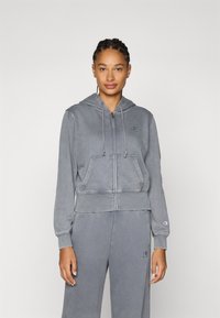 Hoodie zippé gris en tissu doux, avec une capuche à cordon, des poches avant et un logo sur la poitrine et la manche.