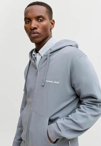 Sweat à capuche gris zippé avec cordon de serrage, poches avant et logo brodé. Superposé à une chemise légère à carreaux. Texture de tissu lisse et doux.