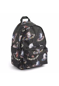 Svart stoffryggsekk med unicorns omgitt av blomsterdesign, med en frontlomme og justerbare skulderstropper. Klassisk form.