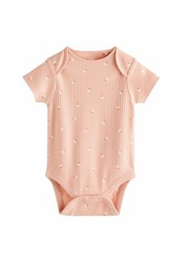 Hellrosa geripptes Baby-Body mit kurzen Ärmeln, Druckknöpfen am Boden und kleinen weißen Punktakzenten.