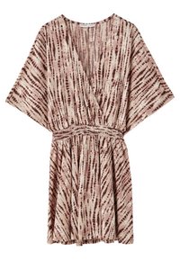 Short beige and brown tie-dye dress with wide sleeves, V-neck, cinched waist, and knee-length flowing skirt.