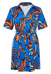 Kurzes Kleid in leuchtendem Blau mit einem abstracten Muster in Orange und Schwarz. Verfügt über einen Kragen, einen Knopfverschluss und eine taillierte Gürtellinie.