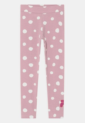 Leggings rosa con grandi pois bianchi, realizzati in un tessuto elastico, con una vita elasticizzata e un piccolo logo nella parte inferiore della gamba sinistra.