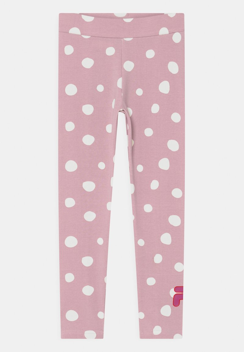 Leggings rosa con grandi pois bianchi, realizzati in un tessuto elastico, con una vita elasticizzata e un piccolo logo nella parte inferiore della gamba sinistra.