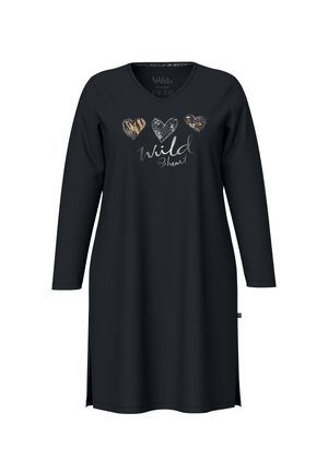 Czarna tunika z dekoltem w serek i długimi rękawami, ozdobiona dekoracyjnymi sercami w różnych wzorach oraz napisem "Wild @heart" w stylowej typografii.