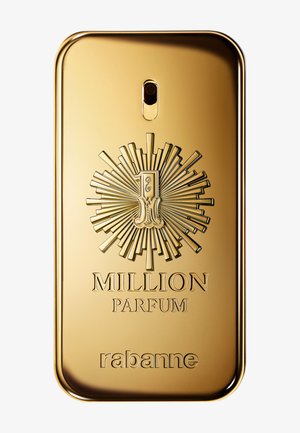 Gold rectangular perfume bottle with embossed sunburst design, number 1, and text "1 Million Parfum rabanne" on the front.