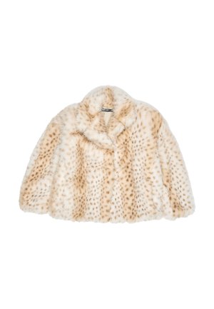 Abrigo de pelo sintético en crema con manchas de color marrón claro, que presenta un cuello de chal y un diseño suelto y corto. Textura suave y apariencia esponjosa.